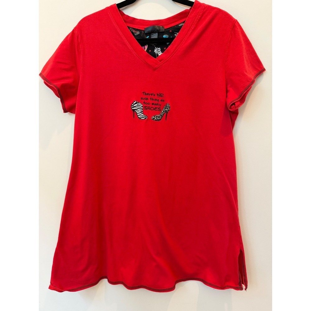 Rene Rofe Women's XL Red V-Neck Graphic T-Shirt Too Many Shoes Embroidered